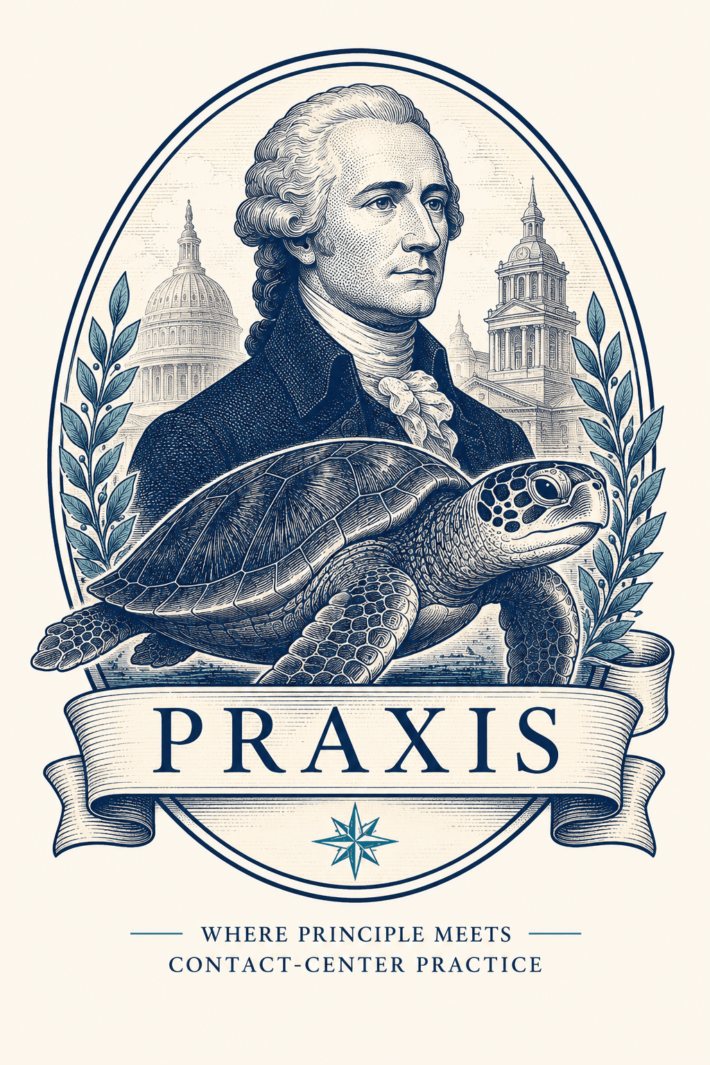 Praxis — where principle meets contact-center practice: an engraving-style emblem of a founding-era statesman above a sea turtle and a Praxis banner.